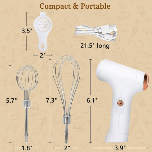 Cordless Hand Mixer, Handheld Electric Whisk with 3 Speed Modes, Hand Held Egg Beater with 2 Detachable Stir Whisks (White)...