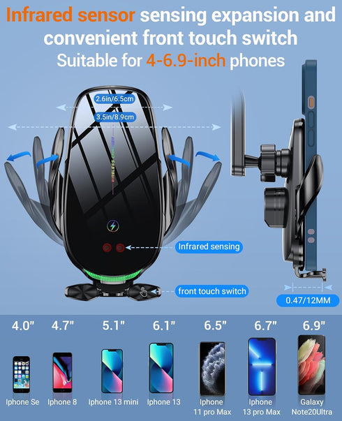 Wireless Car Charger, 15W Fast Wireless Charger for car Auto-Clamping, fit for iPhone 15 14 13 12 11 Pro Max Xs, Samsung Galaxy S23 Ultra S22 S21 ...