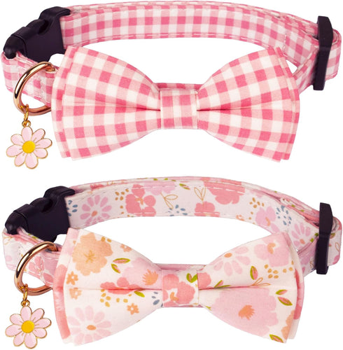 ADOGGYGO Pink Floral Dog Collar with Bow, Adjustable Pink Plaid Dog Collars with Removable Bowtie Pet Pink Flower Collars for Small Medium Large G...