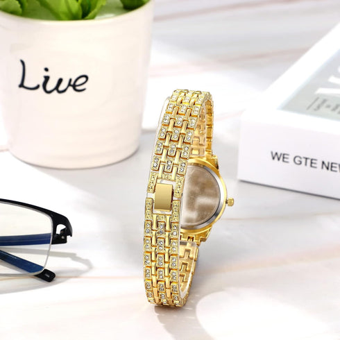 JewelryWe Women Watches Gold-Tone Iced Out Wristwatch Rhinestone Round Analaog Quartz Watch Bling Dress Watch, for Halloween...