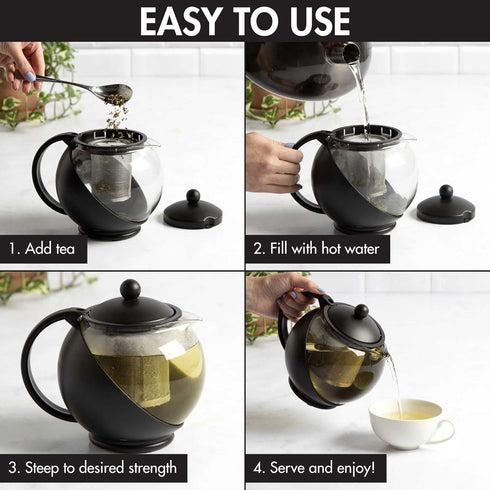 Primula Half Moon Teapot with Removable Infuser, Glass Tea Maker with Reusable Fine Mesh Stainless Steel Filter, Dishwasher Safe, 40-Ounce, Black...