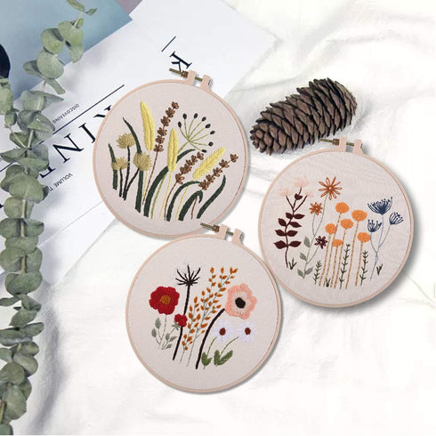 3 Sets of Beginner Embroidery Kits with 3 Patterns and 6 Needles, Needlepoint Kits for Adults,Including Embroidery Floss,3 Plastic Hoops and 3 Cot...