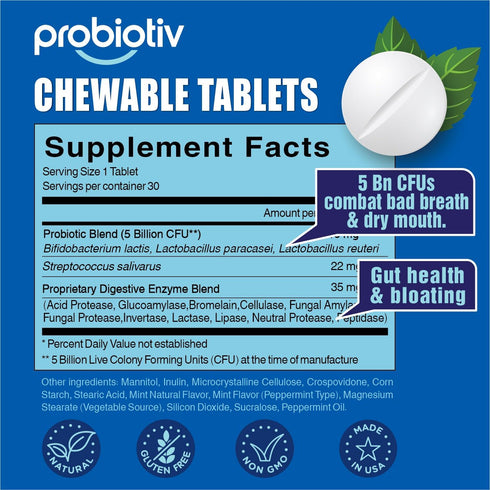 Oral Probiotics for Mouth Bad Breath 5 Billion CFU – Chewable Dental Probiotic for Teeth and Gums & Fresh Breath, Combats Dry Mouth, Halitosis & S...