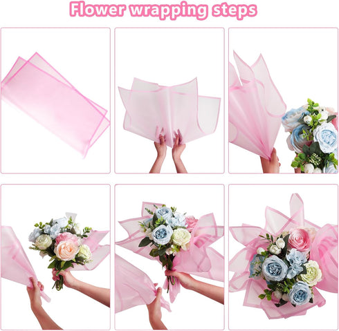 lyy-biuty 20 Sheets Flower Wrapping Paper Bouquet Floral Wrapping Paper Pink Border Flower Wrapping Paper Floral Paper for Bouquet Flower Gift Pac...