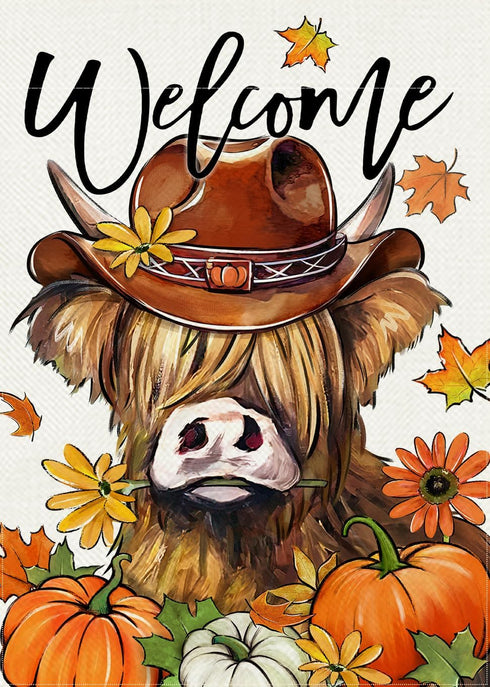 Welcome Fall Highland Cow Decorative Garden Flag, Autumn Farm Animal Pumpkin Maple Leaves Yard Outside Decorations, Thanksgiving Farmhouse Rustic ...