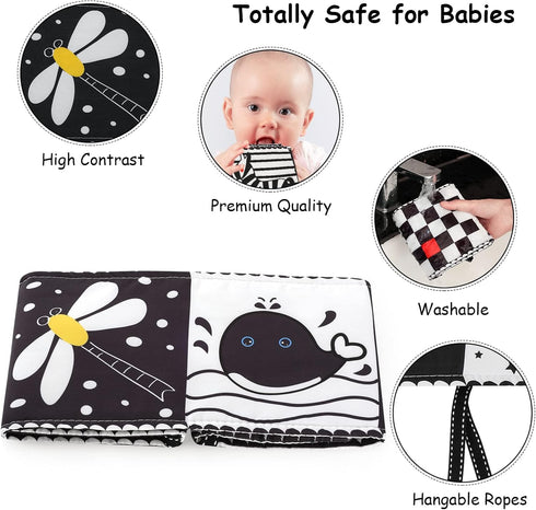 Black and White High Contrast Baby Book for Newborn with Baby Flashcards, Infant Tummy Time Soft Cloth Book Crib Toys, Washable Non-Toxic Early Ed...