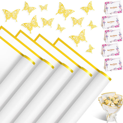 XIRTAIOV 20 Sheets Flower Wrapping Paper, Waterproof Floral Bouquet Wrapping with 3D Butterflies and Greeting Cards, Florist Supplies Packaging Pa...