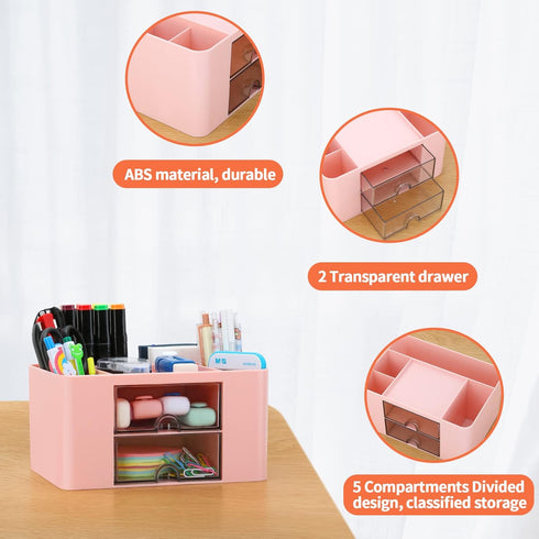 LETURE Desk Organizer with 2 Drawer, Plastic Desktop Pen Pencil Card Holder Storage Box for Desk, Office Supplies, Vanity Table Office School Home...
