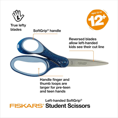 Fiskars 7" SoftGrip Left-Handed Student Glitter Scissors for Kids 12+ - Left-Handed Scissors for School or Crafting - Back to School Supplies - Bl...