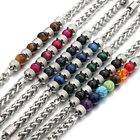 LIU JUN 7 Chakra Bracelet For Men, 8MM Natural Stone Pineapple Beads Stainless Steel Adjustable Silver Cuban Link Chain Handmade Power Healing Gif...