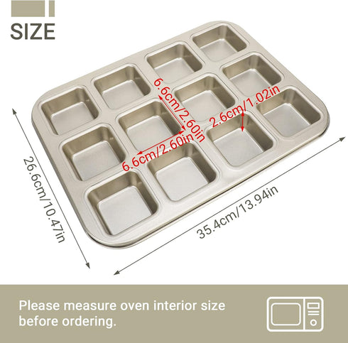 Beasea Brownie Pan with Dividers, 1 Set Gold All Edges Square Cupcake Brownie Pans 12 Cavity Mini Non Stick Baking Carbon Steel Bread Mold Small E...