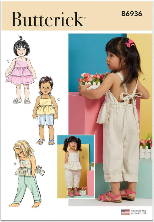 Butterick B6936A Toddlers' Overalls and Dress Sewing Pattern Kit, Design Code B6936, Sizes 1/2-1-2-3-4...