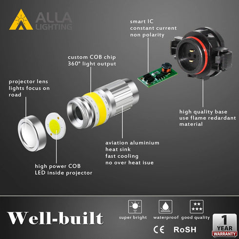 Alla Lighting 2800lm PSX24W 2504 LED Fog Light Bulbs 3000K Amber Yellow Xtreme Super Bright COB-72 SMD 12V122766...