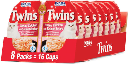 INABA Twins for Cats, Shredded Chicken & Broth Gelée Side Dish/Topper Cups, 1.23 Ounces per Serving, 16 Servings, Tuna & Chicken with Salmon Recip...
