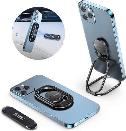 Phone Ring Holder-with Car Magnetic Phone Mount Metal Phone Ring Finger Kickstand Black Cell Phone Grip Compatible with iPhone iPad Smartphones Ta...