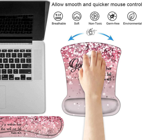 Keyboard Wrist Rest and Mouse Pad Wrist Support Set with Coasters, Bible Verses Psalm 46:5 with Non-Slip PU Base Ergonomic Gaming Mousepad for Com...