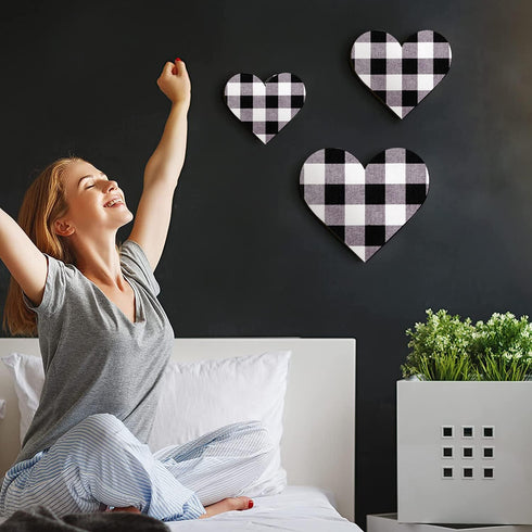 Jetec 3 Pcs Heart Shaped Wood Sign Gray Purple Buffalo Plaid Decor Wooden Heart Wall Sign Rustic Hanging love Plaque Wall Decor for Kitchen Bedroo...