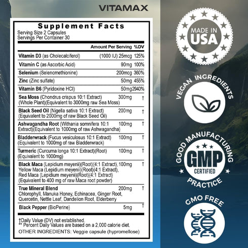 Sea Moss 3000mg Maca 1000mg Black Seed Oil 2000mg Ashwagandha 1000mg Bladderwrack, Turmeric - Manuka, Elderberry, Vitamins C & D3, Chlorophyll, Zi...
