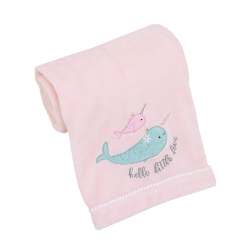 NoJo Under The Sea Whimsy Pink and Blue Narwhals Super Soft Appliqued Baby Blanket...