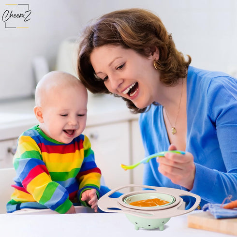 2-in-1 Gyro Bowl Set: Peach & Light Green - Baby Magic Bowl with 360° Rotations for Toddlers (1-3 Years) - Spill-Resistant Design, Includes Lid fo...