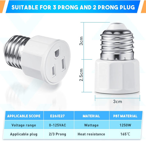 E26/ E27 3 Prong Light Bulb Socket Adapter, Polarized Light Socket Outlet, Light Socket to Plug Adapter Socket Converter, Light Bulb Plug Adapter ...