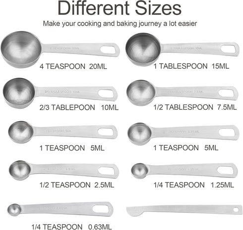 Lucky Plus Stainless Steel Measuring Spoons Set 18/8(304) Steel Material Heavy Duty 9 Measuring Spoons (10ml & 20ml) and 1 Leveler and 1 Ring Tota...