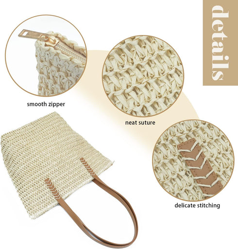 Straw Beach Bag for Women Large Straw Tote Bag with Zipper Summer Woven Bag Beach Travel Casual Straw Shoulder Bags...