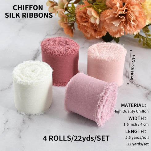 TONIFUL 4 Rolls Silk Chiffon Ribbon, 1-1/2 Inch x 22yds, Dusty Pink and Cream Chiffon Ribbons Set, Handmade Fringe Silk Ribbon for Gift Wrapping B...