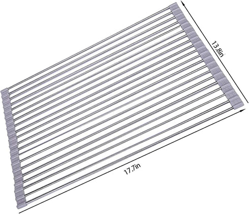 Roll up Dish Drying Rack Over The Sink Drying Rack Silicone kitchenware Folding draining Dish Rack SUS304 Stainless Steel 17.7inx13.75in (Grey)...