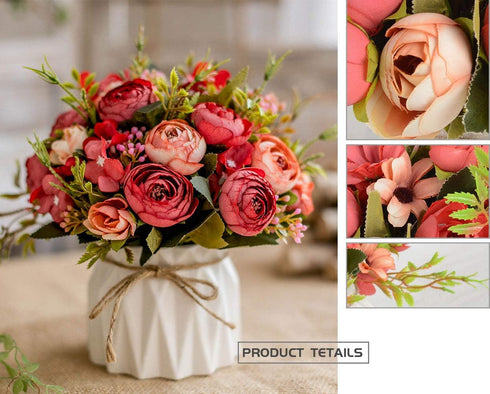 Artificial Flowers Fake Flowers Silk Rose Bouquets Decoration with Ceramics Vase for Table Home Office Wedding (Red Bud)...