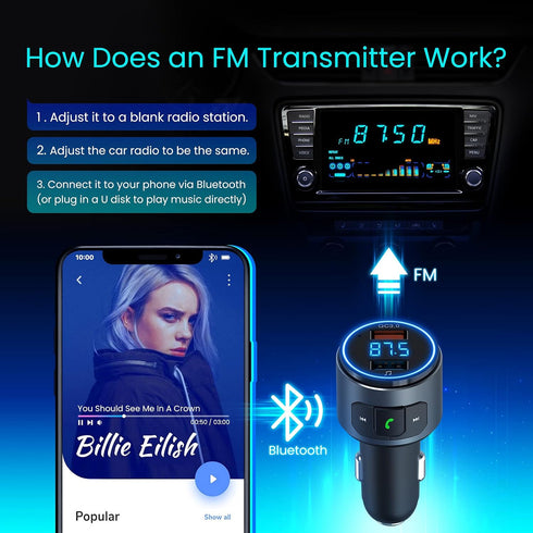 Upgraded V5.0 FM Bluetooth Transmitter Car, QC3.0 & LED Backlit Wireless Bluetooth FM Radio Adapter Music Player/Car Kit with Hands-Free Calls, Si...