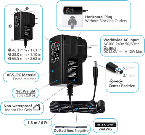 CHANZON 12V 1A 12W Power Supply AC DC Switching Adapter, 12 Volt 1 Amp AC/DC Wall Wart Converter Transformer, 100-240v 50 60HZ Input with 12vdc 10...