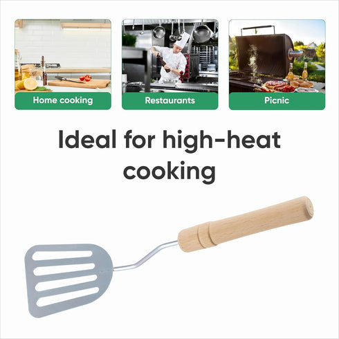 Stainless Steel Slotted Spatula - Kitchen Metal Turner for Cooking with Wooden Handle...