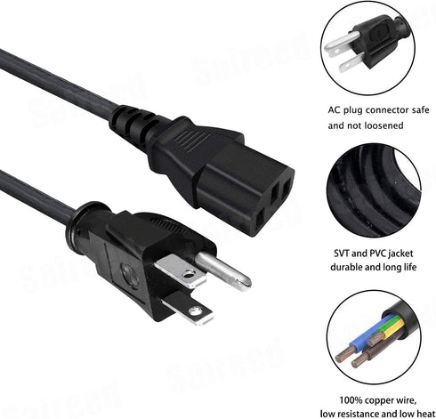 3 Prong Power Cord Replacement for for Viewsonic PJ452 PJD5155 VX2452MH N1930W VA2759-SMH VA2033-LED DiamaniDuo Optiquest Q9 Projector Monitor Pow...