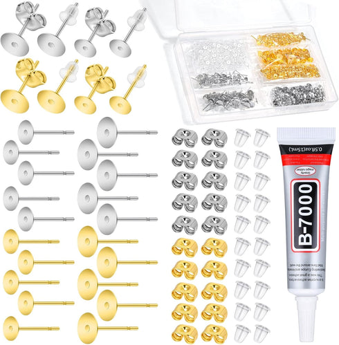 anezus Jewelry Glue with Earring Posts for Jewelry Making, 600pcs Stainless Steel Earring Posts and Backs Silver and Gold Earring Posts with Rubbe...