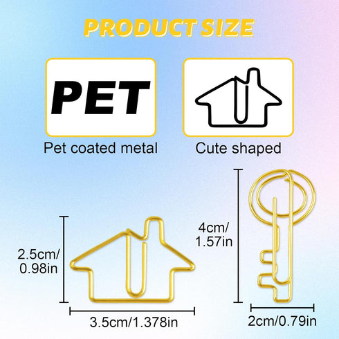 100 pcs Cute Paper Clips 50 pcs Gold Key Shaped Wire Paper Clips 50 pcs House Shaped Paper Clips Mini Paperclips for Office School Supplies Weddin...