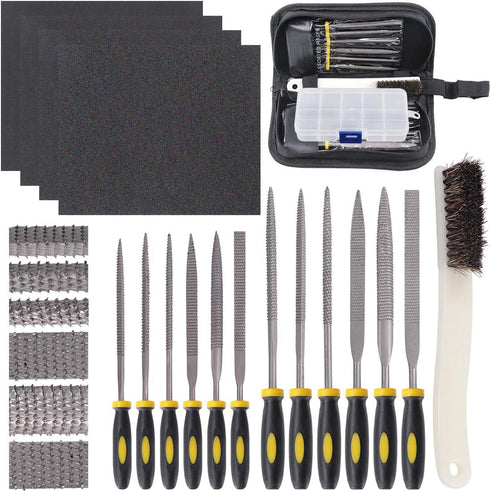 Glarks 18Pcs Assorted Wood Rasp Set Include 12Pcs Mini Hand Metal Files, A Brush and Storage Box with 4Pcs Sandpaper for Fixing Jewelers Diamond W...