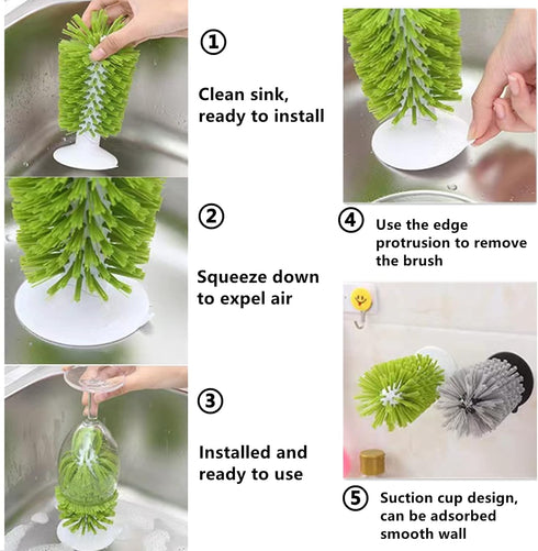 2PCS Glass Cleaning Brush with Suction Cup, Kitchen Bottle and Wine Cup Cleaner, Stable Washing for Cups, Mugs, Decanters and Jugs, Gray...