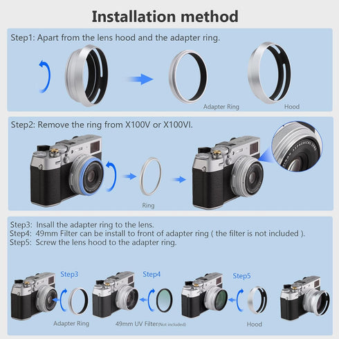 Haoge LH-X53W 3in1 Lens Hood with Adapter Ring with Cap Set for Fujifilm x100vi Fuji FinePix X70 X100 X100S X100T X100F X100V Camera Silver replac...