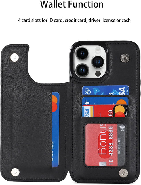 for iPhone 13 Pro Max Wallet Case with Card Holder, 360° Rotation Ring Kickstand Card Slots Case, Leather Protective Case with Double Magnetic Cla...
