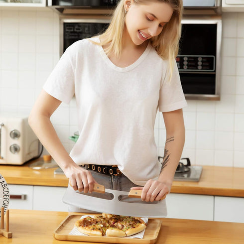 Pizza Cutter Rocker with Wooden Handles & Protective Cover by Zocy, 14" Sharp Stainless Steel Pizza Slicer Wheel, Big Pizza Knife Cutters for Kitc...