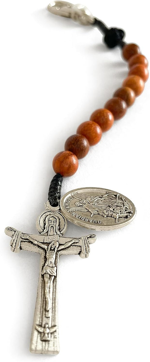 Catholic Prayer Pocket Rosary Holy Trinity Crucifix Saint Michael the Archangel Medal Corded Rosary Keychain Wooden Beads Tenner Open Style One De...