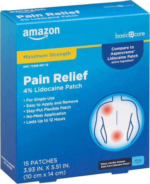 Amazon Basic Care Maximum Strength OTC Pain Relief , 4% Lidocaine Patch, 3.9” x 5.5”, 15-Count Box (Previously HealthWise)...