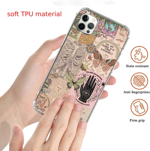 Hippie Vintage Aesthetic Collage Phone Case Compatible with iPhone 13 Pro Max?Hippie Sun Butterfly Flower Pattern Slim Shockproof TPU Bumper Prote...