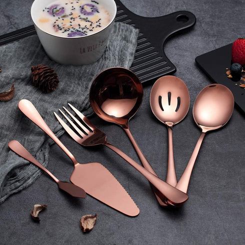 6-Piece Copper Serving Flatware Silverware Set,Stainless Steel Serving Utensil Set,Include Cake Server, Slotted Serving Spoon, Serving Spoon, Cold...