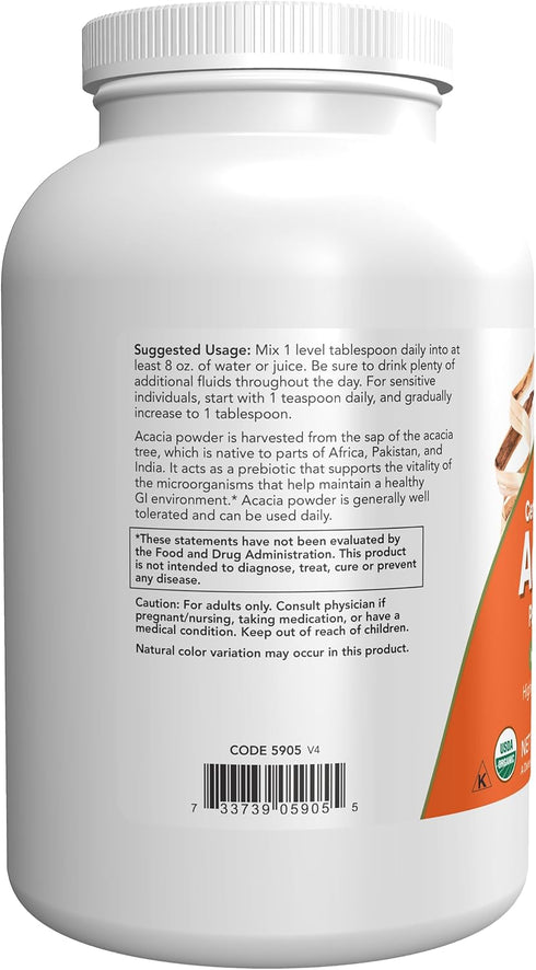 NOW Supplements, Acacia Pure Powder, Certified Organic, Highly Soluble, Mixes Easily, Intestinal Health*, 12-Ounce...
