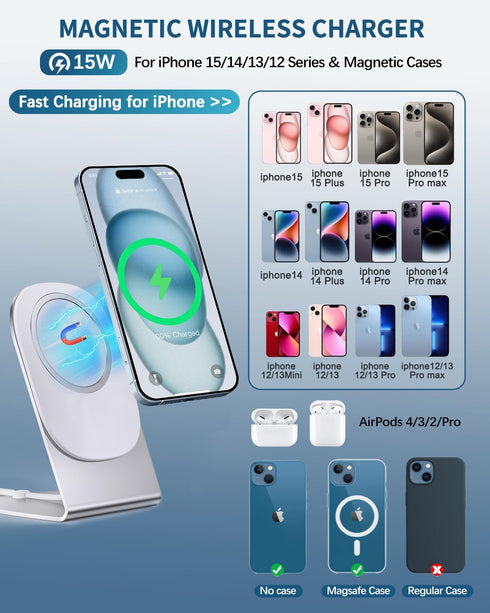 Magnetic Wireless Charger Mag-Safe Charger for iPhone 15/14/13/12 Series Convertible Magnet Wireless Charging Stand/Pad with 20W Adapter 5ft Cable...