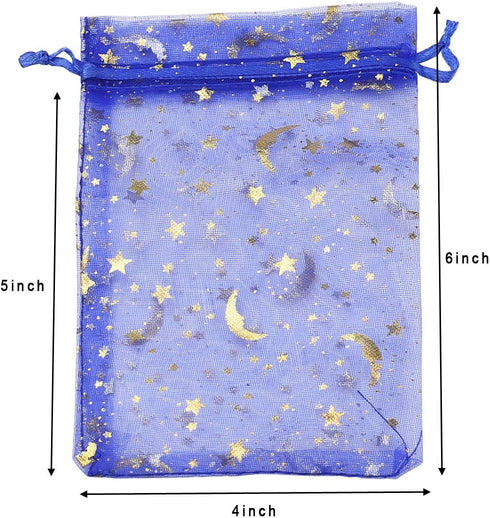 100Pcs 4x6 Inches Sheer Organza Drawstring Pouches Stars and Moon Wedding Party Favor Jewelry Candy Gift Bags (Blue)...