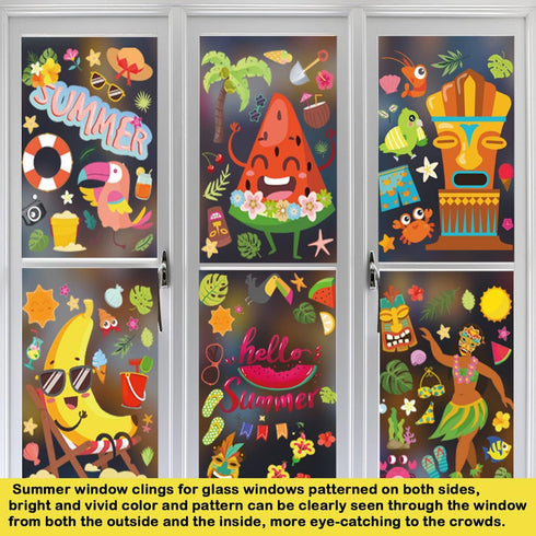 Summer Window Clings 9 Sheets Double Sided Pattern Window Decorations for Summer Hawaiian Tropical Home Office Refrigerator Glass Window Party Sup...