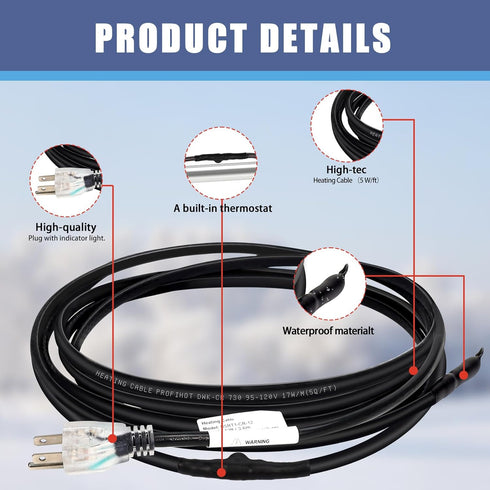 12FT Pipe Heating Cable,Heat Tape for Water Pipe Freeze Protection,120V Pipe Snow Heating De-Icing Cable for Home Supply Pipes...